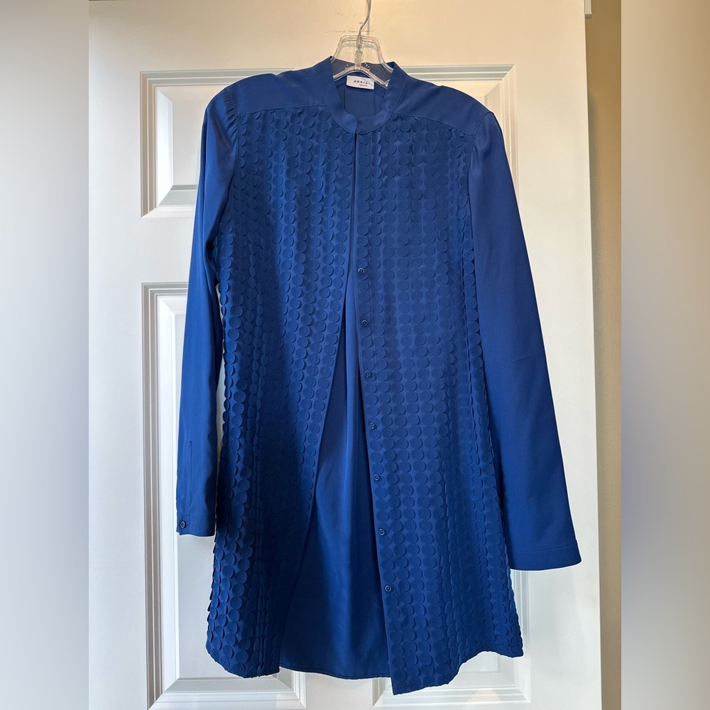 Akris Punto Size 6 Tunic Blouse Mesh Blue Dot Panel Modern Contemporary Work